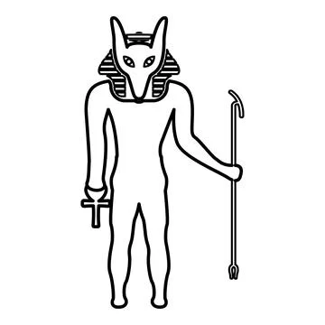 Anubis deity with jackal head ancient Egyptian god holds staff and anch cro.. Stock Illustration