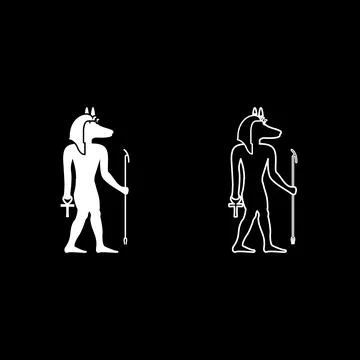 Anubis deity with jackal head ancient Egyptian god holds staff and anch cro.. Stock Illustration