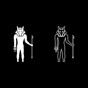 Anubis deity with jackal head ancient Egyptian god holds staff and anch cross Stock Illustration