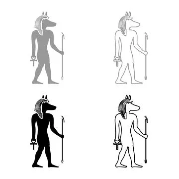 Anubis deity with jackal head ancient Egyptian god holds staff and anch cro.. Stock Illustration