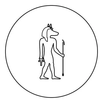 Anubis deity with jackal head ancient Egyptian god holds staff and anch cro.. Stock Illustration