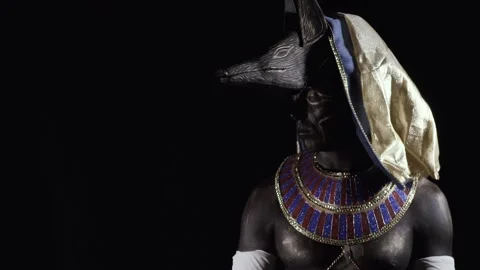 Anubis with jackals head is standing on dark background and looking Stock Footage 138003578
