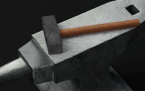 Anvil and hammer, 3d rendering. Stock Illustration
