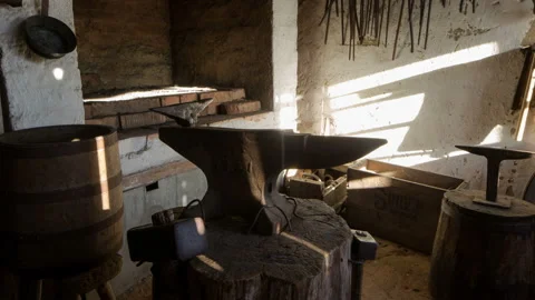 Anvil in the forge. Authentically decorated forge. Stock Footage 124538186