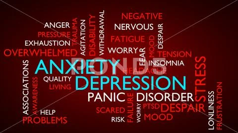 Anxiety, depression, stress, disorder word tag cloud - red variant. Stock Illustration