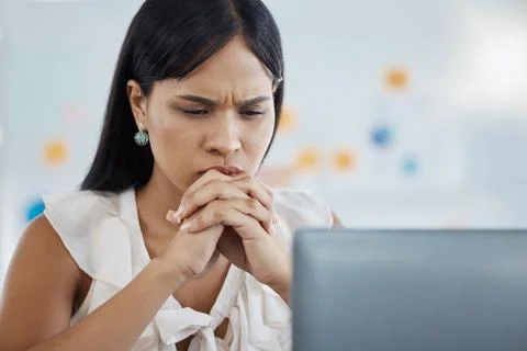 Anxiety, stress and business woman on laptop in office, reading email of Stock Photos