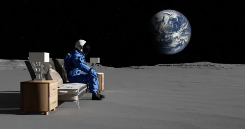 Anxious Alone Astronaut Sitting On A Comfortable Sofa. Stock Footage 253821932