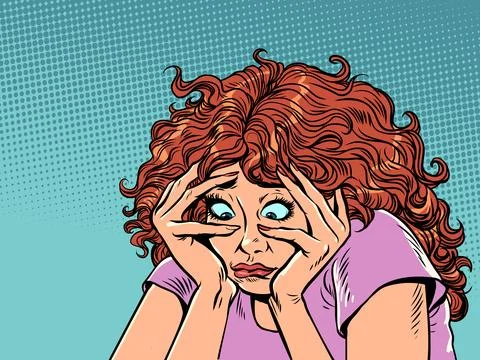 Anxious and sad thoughts due to problems in life. The girl holds her head with Stock Illustration