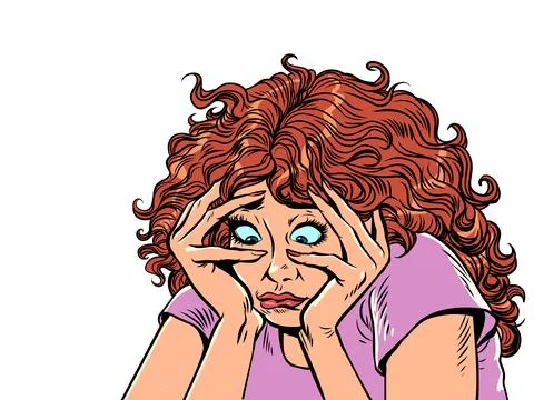 Anxious and sad thoughts due to problems in life. The girl holds her head with Stock Illustration