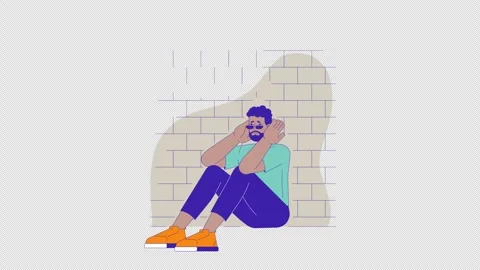 Anxious black man holding head against brick wall line 2D character Stock Footage 300453954