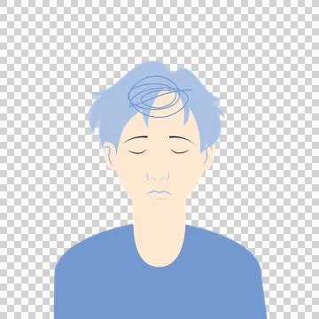 Anxious Boy with Tangled Thoughts and Closed Eyes Flat Illustration Stock Illustration
