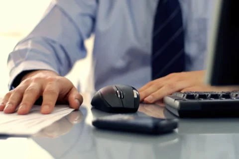 Anxious businessman hands on the reflective table Stock Footage 2197936