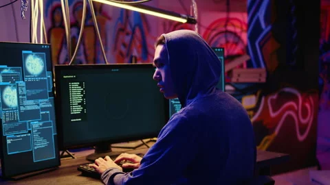 Anxious hacker hiding in bunker Stock Footage 256942653