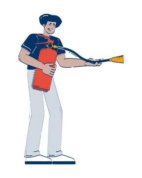 Anxious hispanic man using fire extinguisher 2D doodle character Stock Illustration