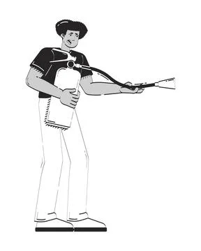 Anxious hispanic man using fire extinguisher doodle linear character Stock Illustration