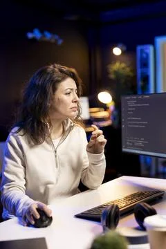 Anxious IT remote worker distressed by cyber attacks on computer systems Foto stock