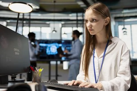 Anxious junior dev debugging code in office, looking for solutions to fix errors Stock Photos