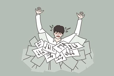 Anxious man drowning in paperwork documents and bills Stock Illustration