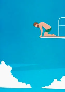 Anxious man at the edge of diving board, looking down Stock Illustration
