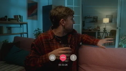 Anxious Man Video Calling while Taking Pills Feeling Scared alone in Apartment Vídeo Stock 311567362