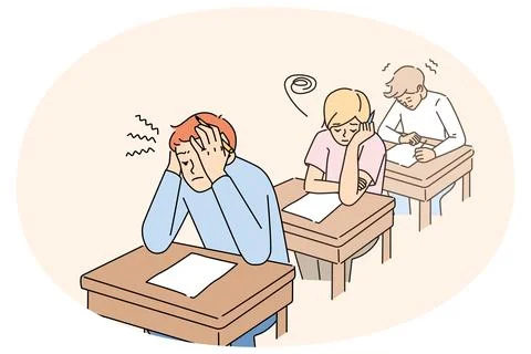Anxious students write test in classroom Stock Illustration