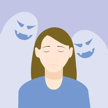 Anxious Woman Surrounded by Ghosts Flat Vector Mental Health Stock Illustration