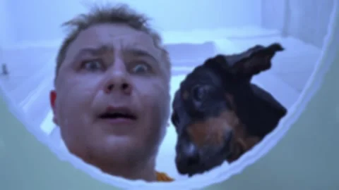Anxious young plump man with short hair cut and funny little dachshund simult Stock Footage 133603107