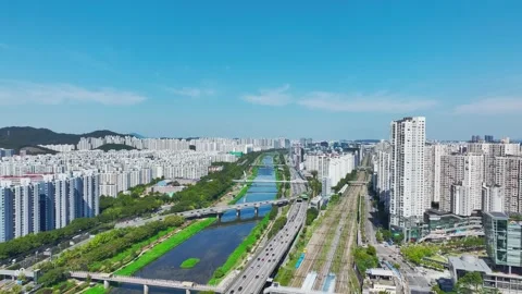 Anyangcheon Stream, Roads and Subway Trains in Geumcheon-gu, Seoul Stock Footage 346505750