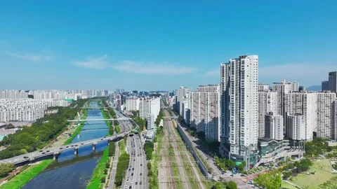 Anyangcheon Stream, Roads and Subway Trains in Geumcheon-gu, Seoul Stock Footage 346505759