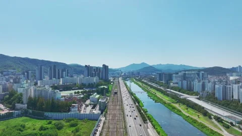 Anyangcheon Stream, Roads and Subway Trains in Geumcheon-gu, Seoul Stock Footage 346505900