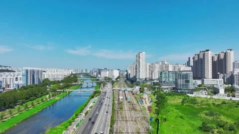 Anyangcheon Stream, Roads and Subway Trains in Geumcheon-gu, Seoul Stock Footage 346505908
