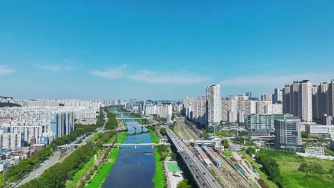 Anyangcheon Stream, Roads and Subway Trains in Geumcheon-gu, Seoul Stock Footage 346506000