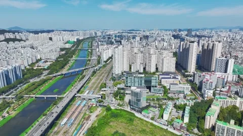 Anyangcheon Stream, Roads and Subway Trains in Geumcheon-gu, Seoul Stock Footage 346506490