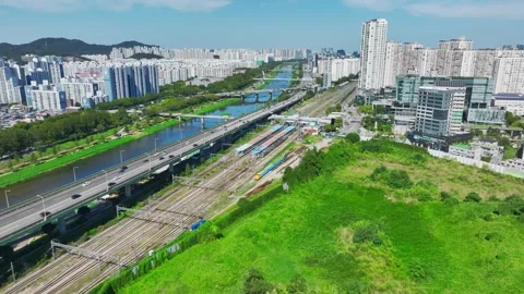 Anyangcheon Stream, Roads and Subway Trains in Geumcheon-gu, Seoul Stock Footage 346506844