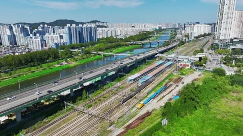 Anyangcheon Stream, Roads and Subway Trains in Geumcheon-gu, Seoul Stock Footage 346507074