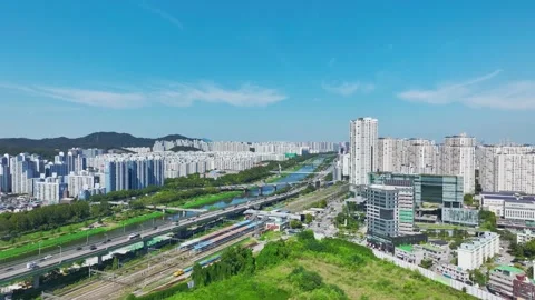 Anyangcheon Stream, Roads and Subway Trains in Geumcheon-gu, Seoul Stock Footage 346507190