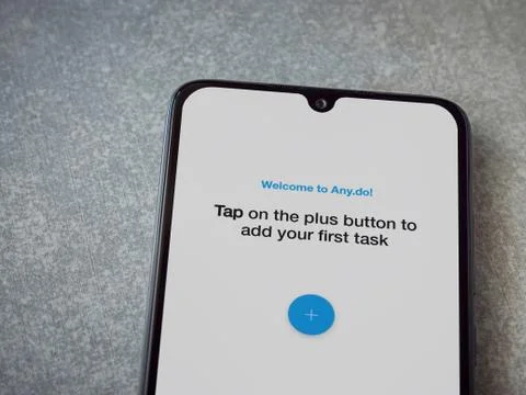 Any.Do app launch screen with logo on the display of a black mobile smartphon Stock Photos