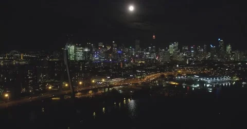 Anzac Bridge Night, Sydney Night Skyline Stock Footage