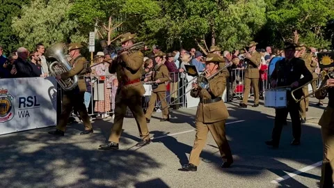 ANZAC Day Parade Army marching band military procession Perth St Georges Tce Stock Footage 309431440