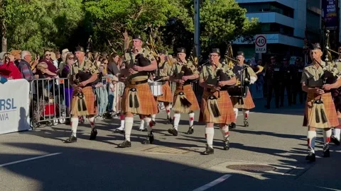 ANZAC Day Parade Army pipe marching band military procession Perth Stock Footage 308608756