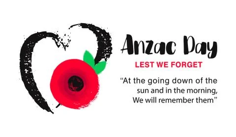 Anzac Day vector poster. Lest We forget. Hand drawn heart with bright Red Poppy Stockillustratie