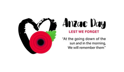 Anzac Day vector poster. Lest We forget. Hand drawn heart with bright Red Poppy Stock Illustration