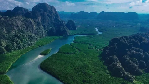 Ao Thalane Mangroves &amp; Limestone Cliffs, Krabi, Thailand – 4K Aerial Stock Footage 328393211
