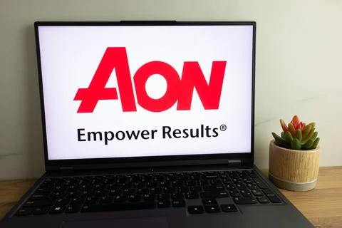 Aon PLC logo on laptop Stock Photos