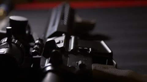AP-15 close-up, lying on a table with a telescopic sight Video stock 246138042