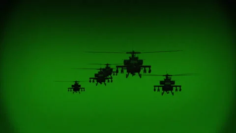 Apache AH-64 helicopters fly at night, night vision infrared Vídeo Stock 170320540