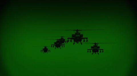 Apache AH-64 helicopters fly at night, night vision infrared Stock Photos