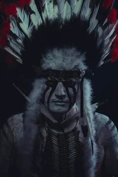 Apache, American Indian chief with feather headdress and traditional war ax Stock Photos