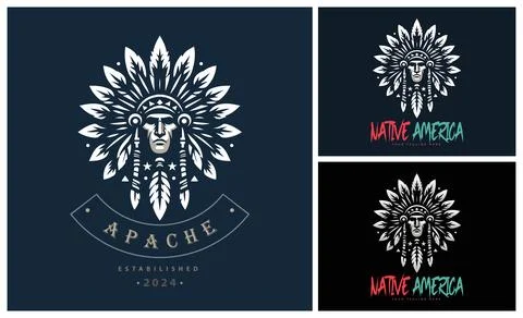 Apache indian aztec native american warrior tribes face head logo set Stock Illustration