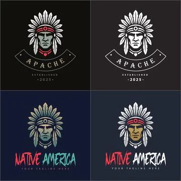 Apache indian aztec native american warrior tribes face head logo set Stock Illustration
